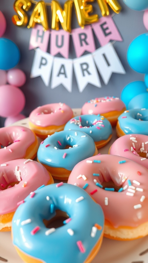 A platter of colorful gender reveal donuts filled with pink and blue cream, decorated with sprinkles, set against a festive backdrop.